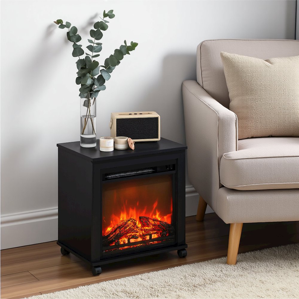 Black Electric Fireplace End Table with Heater for Indoor Use on Wheels. Picture 2