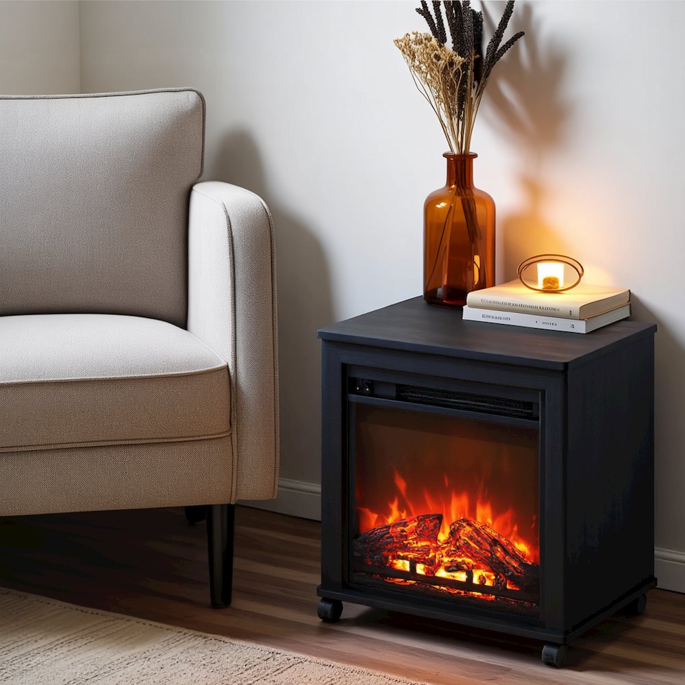 Black Electric Fireplace End Table with Heater for Indoor Use on Wheels. Picture 3