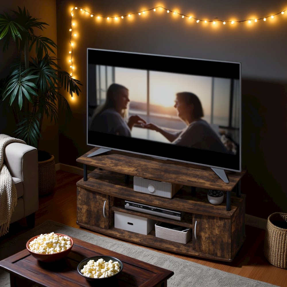 Brown Wooden TV Stand with 3 Open Shelves and Dual Door Storage TV Console. Picture 2