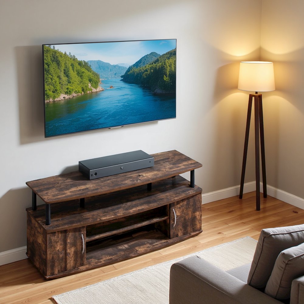 Brown Wooden TV Stand with 3 Open Shelves and Dual Door Storage TV Console. Picture 3
