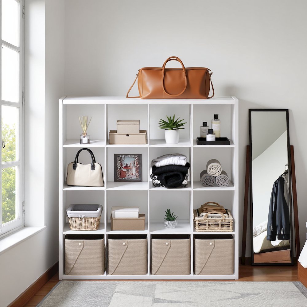 White Engineered Wood 16 Cube Storage Organizer with Open Back Shelves. Picture 2