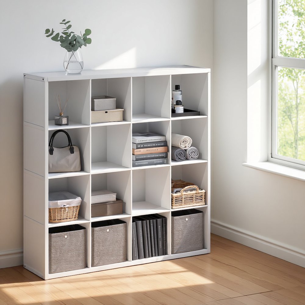 White Engineered Wood 16 Cube Storage Organizer with Open Back Shelves. Picture 3