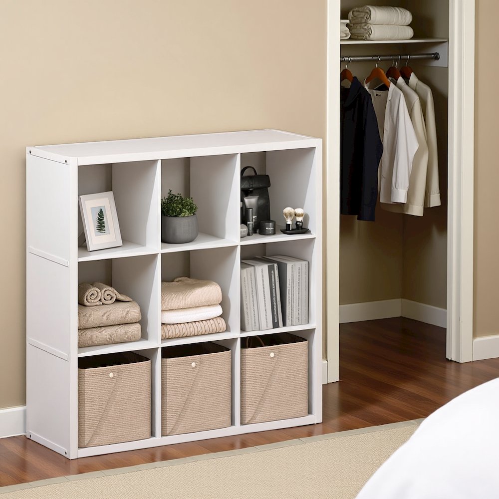 White Engineered Wood Cube Storage Organizer with 9 Open Storage Cubes. Picture 2