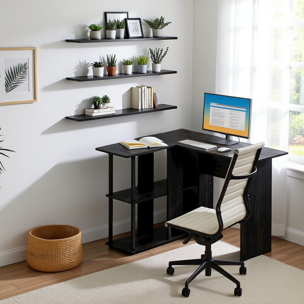 Black L Shaped Desk with Bookshelf and Storage Drawers for Office Use. Picture 2