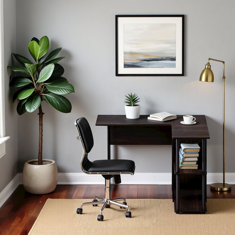 Black L Shaped Desk with Bookshelf and Storage Drawers for Office Use. Picture 3