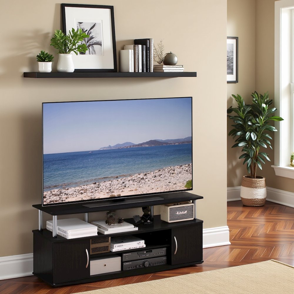 Modern Black 55 Inch TV Console with Shelves and Cabinets for Storage. Picture 3