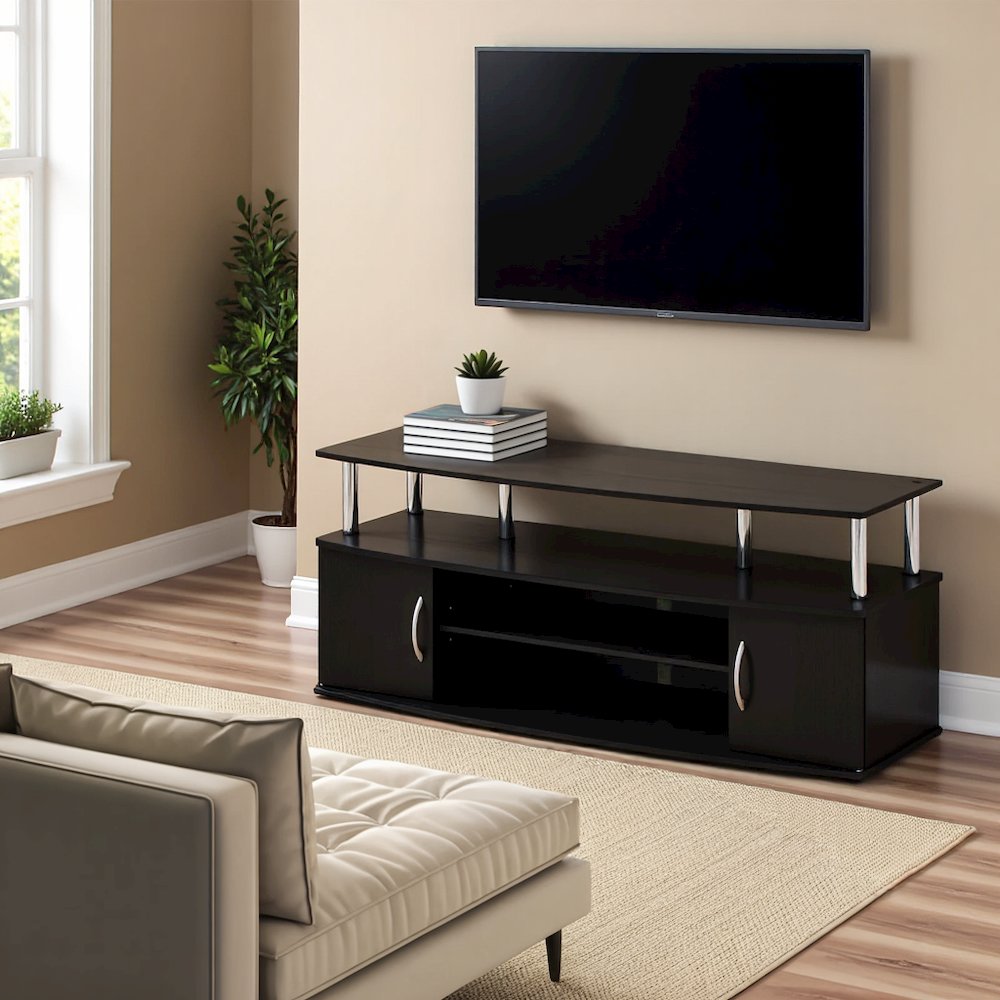 Modern Black 55 Inch TV Console with Shelves and Cabinets for Storage. Picture 2