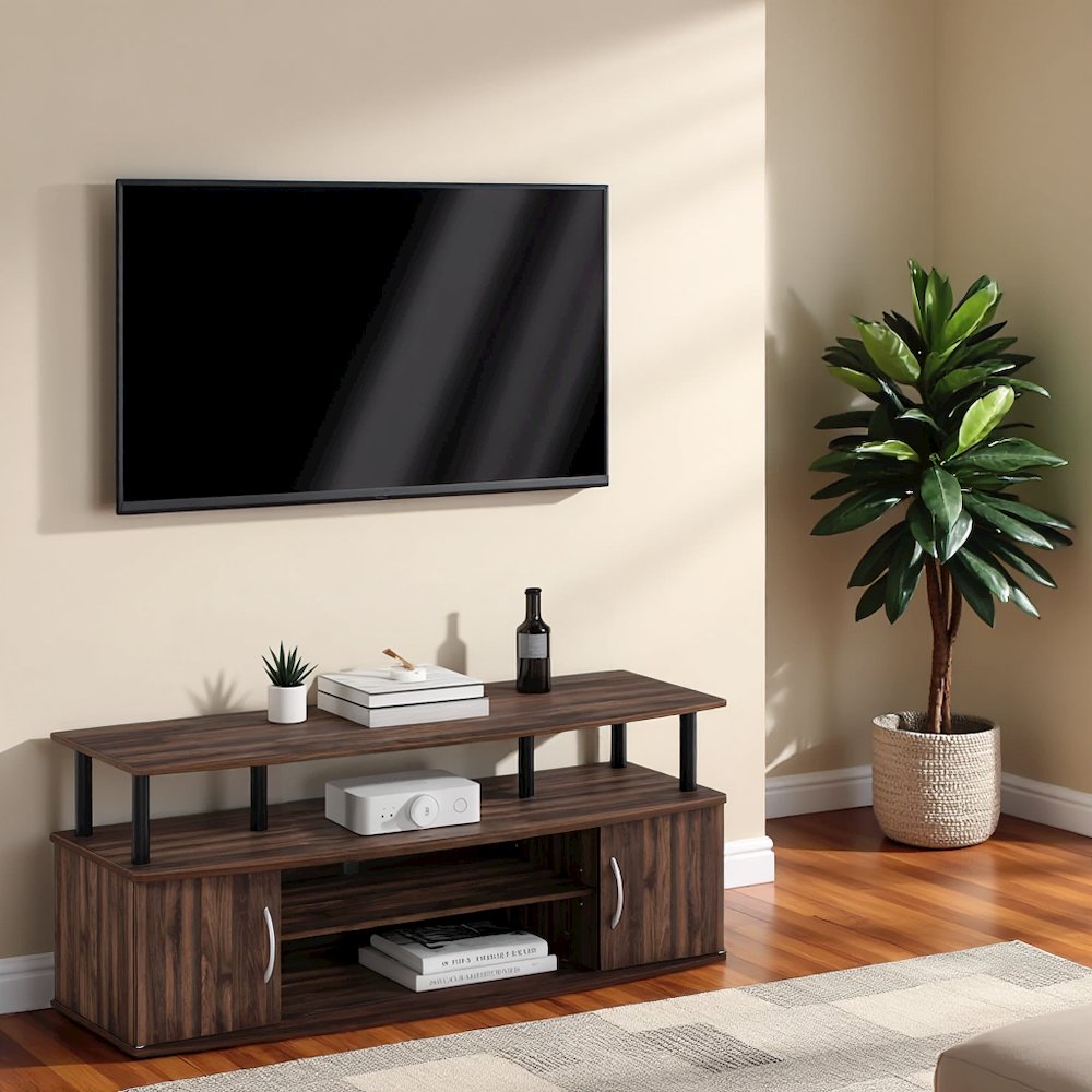 Brown 50 Inch TV Stand with Open Shelves and Dual Storage Cabinet Doors. Picture 2