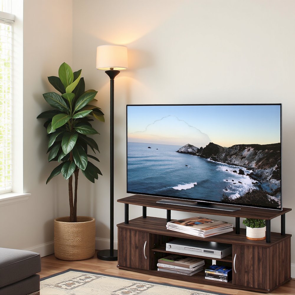 Brown 50 Inch TV Stand with Open Shelves and Dual Storage Cabinet Doors. Picture 3