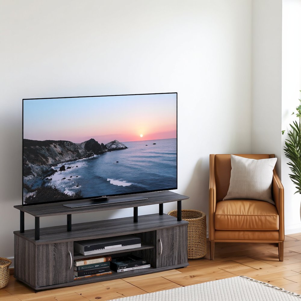 Grey 50 Inch TV Stand,Three Open Shelves and Two-Door Storage Modern TV Console. Picture 2