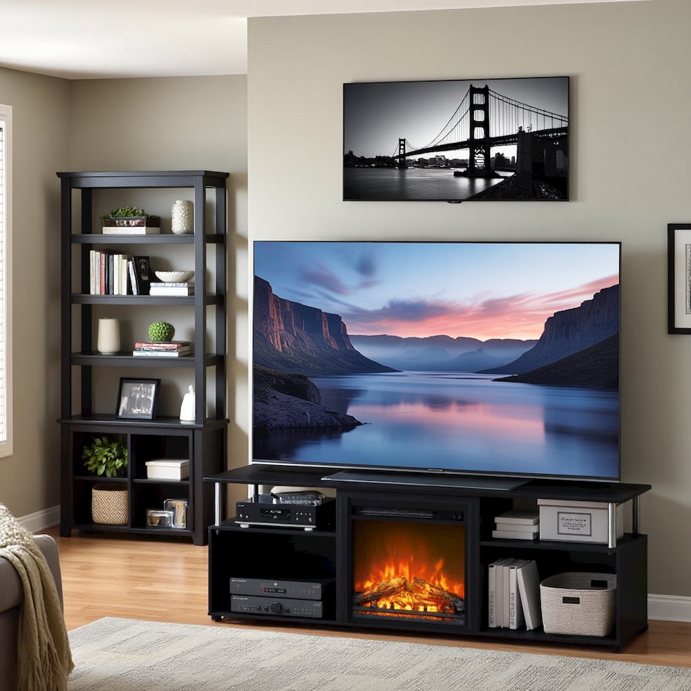 Black 70 Inch Fireplace TV Stand with Four Shelves and Elegant Electric Insert. Picture 2