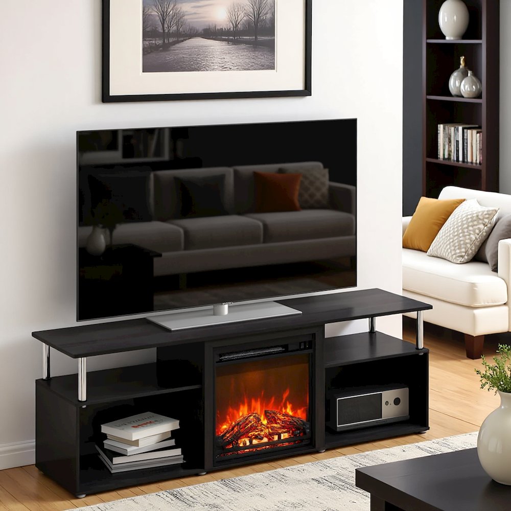 Black 70 Inch Fireplace TV Stand with Four Shelves and Elegant Electric Insert. Picture 3