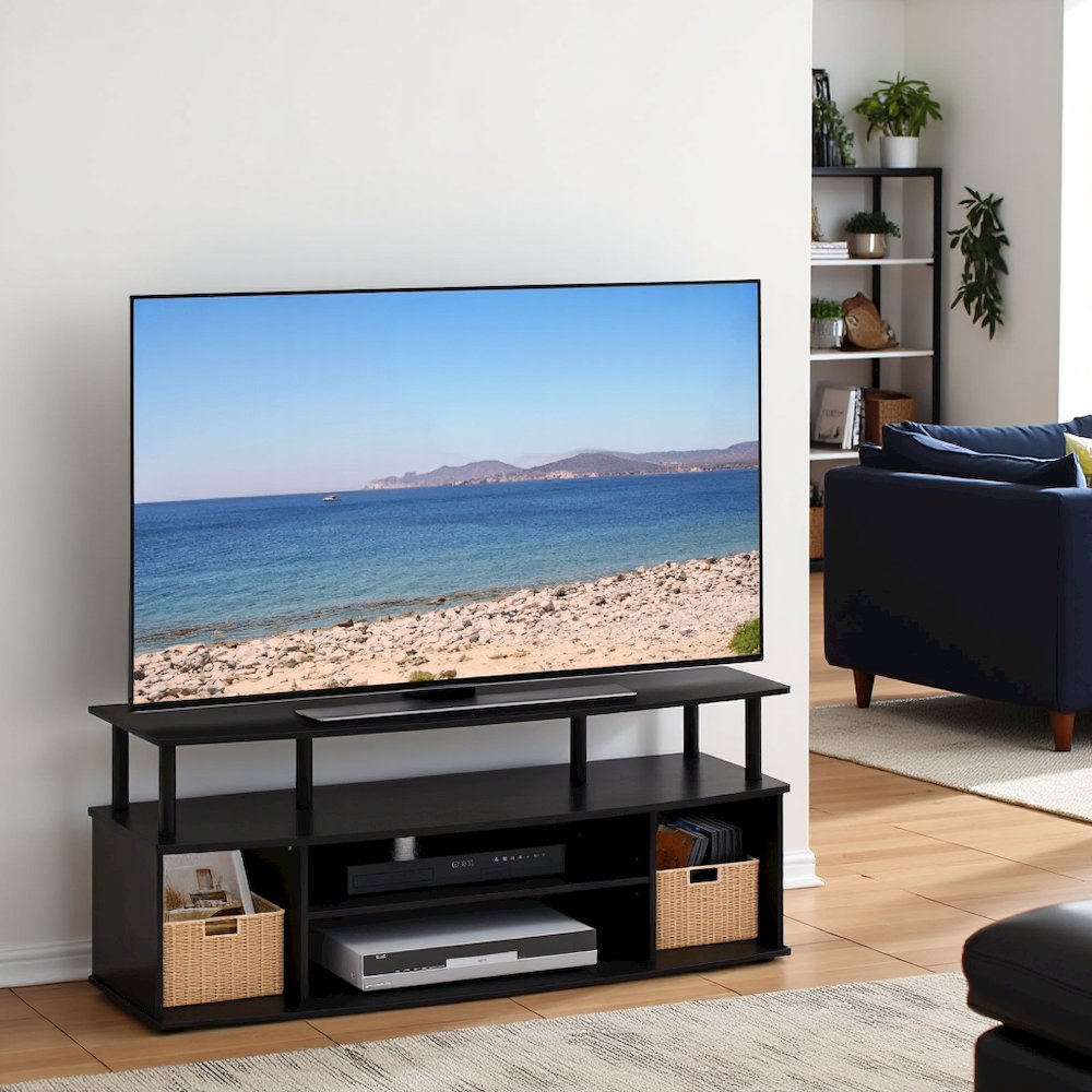 Black TV Stand with 3 Open Shelves, 2 Cabinets, for Up to 55 Inch TV. Picture 2