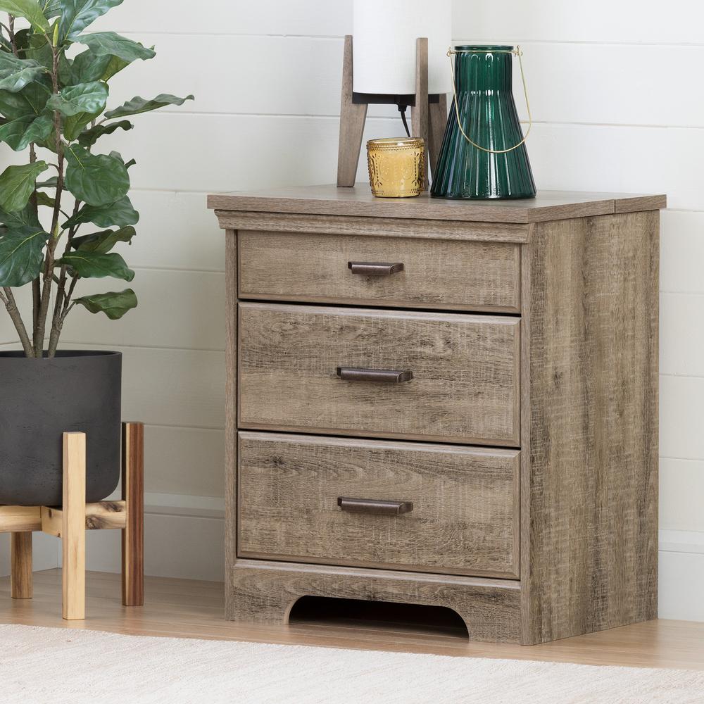 Versa Nightstand with Charging Station and Drawers, Weathered Oak. Picture 1