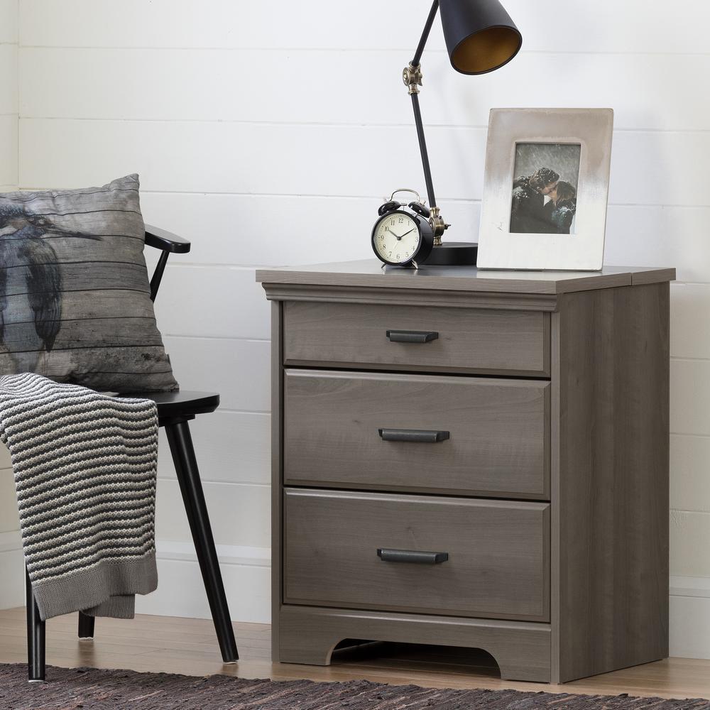 Versa Nightstand with Charging Station and Drawers, Gray Maple. Picture 1