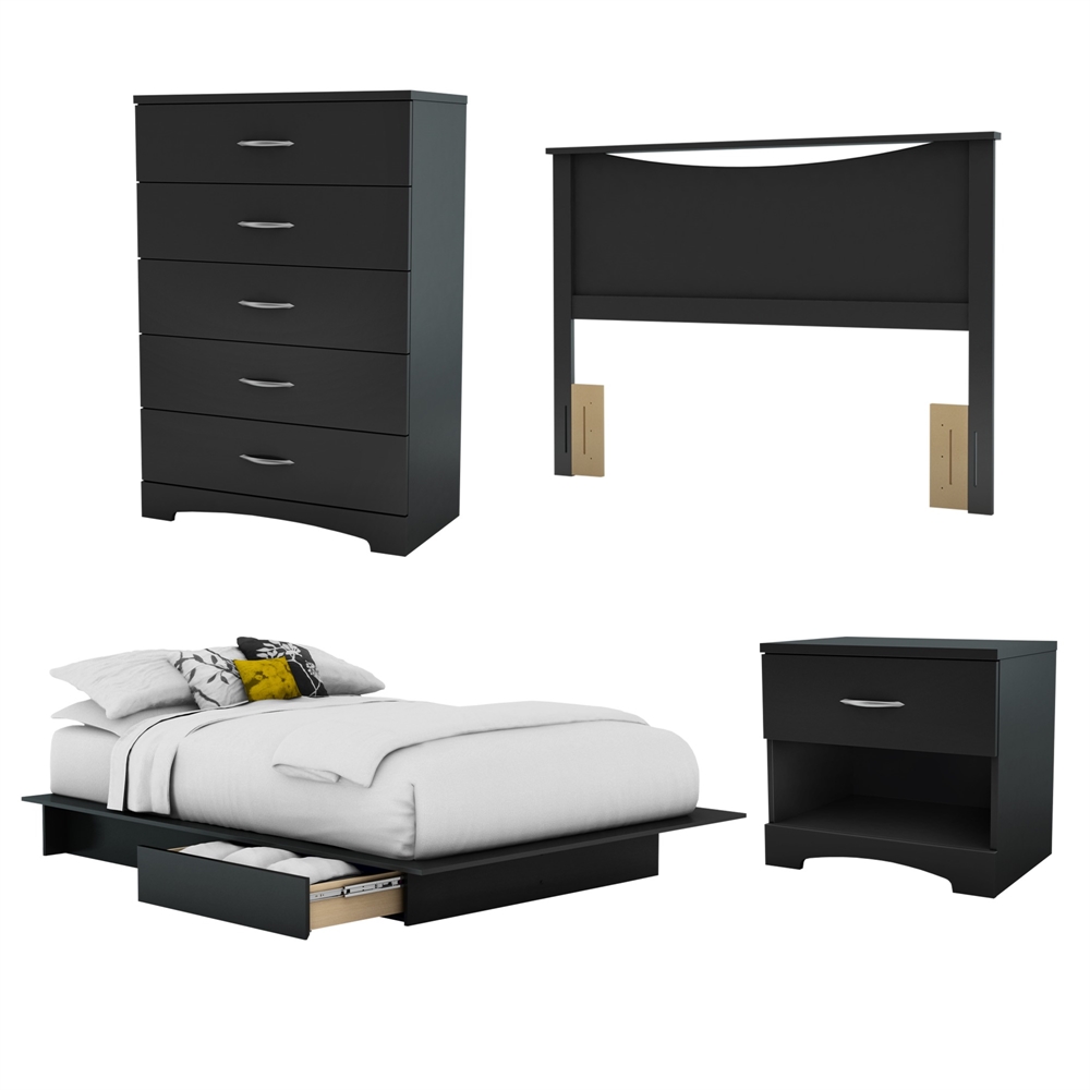 South Shore Step One 4-Piece Bedroom Set, Full, Pure Black. Picture 1