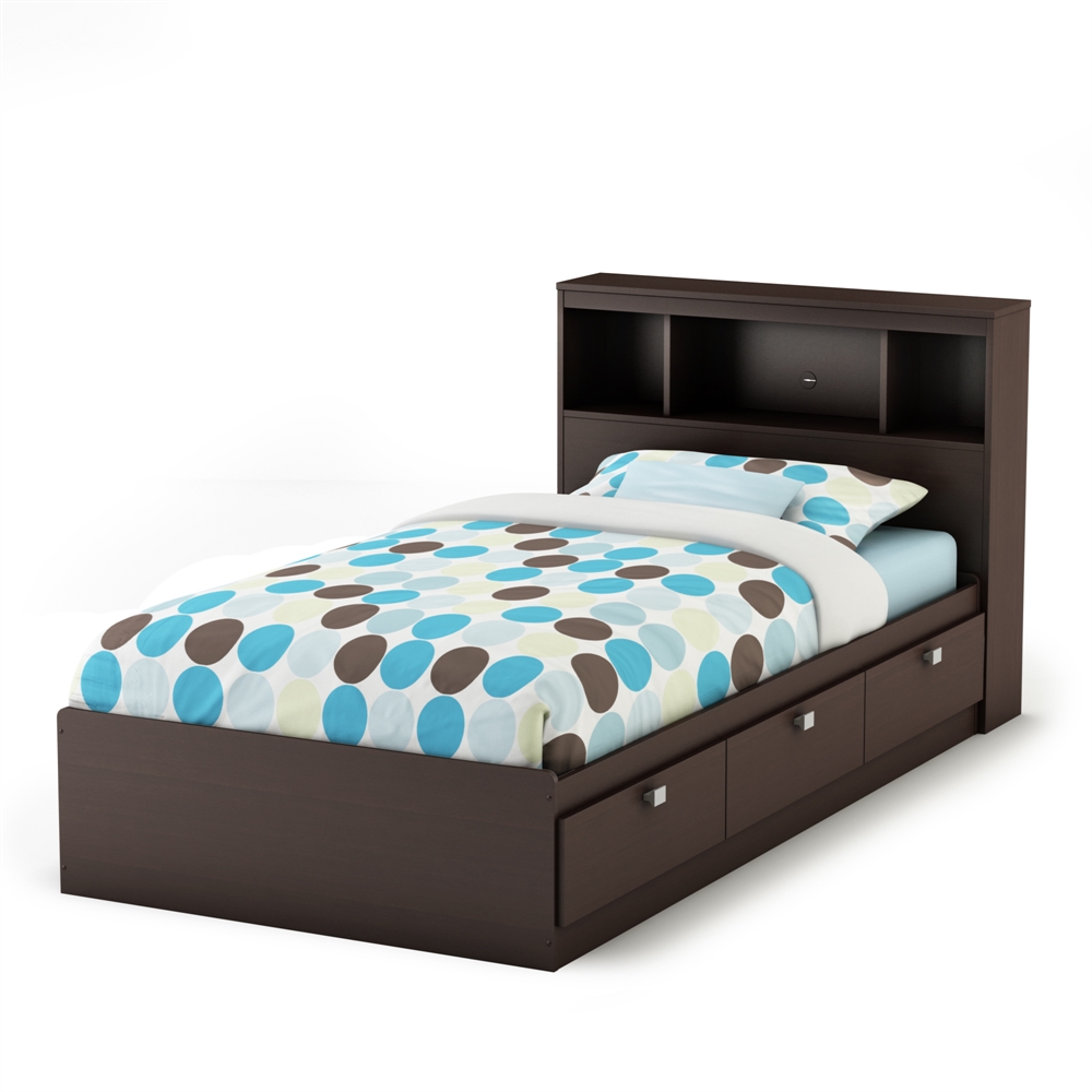 South Shore Spark Twin Storage Bed and Bookcase Headboard, Chocolate. Picture 1