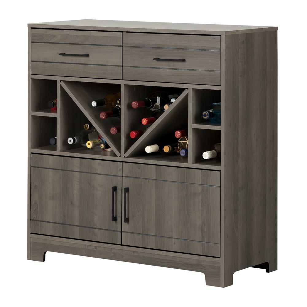 Vietti Bar Cabinet with Bottle Storage and Drawers, Gray Maple. Picture 1