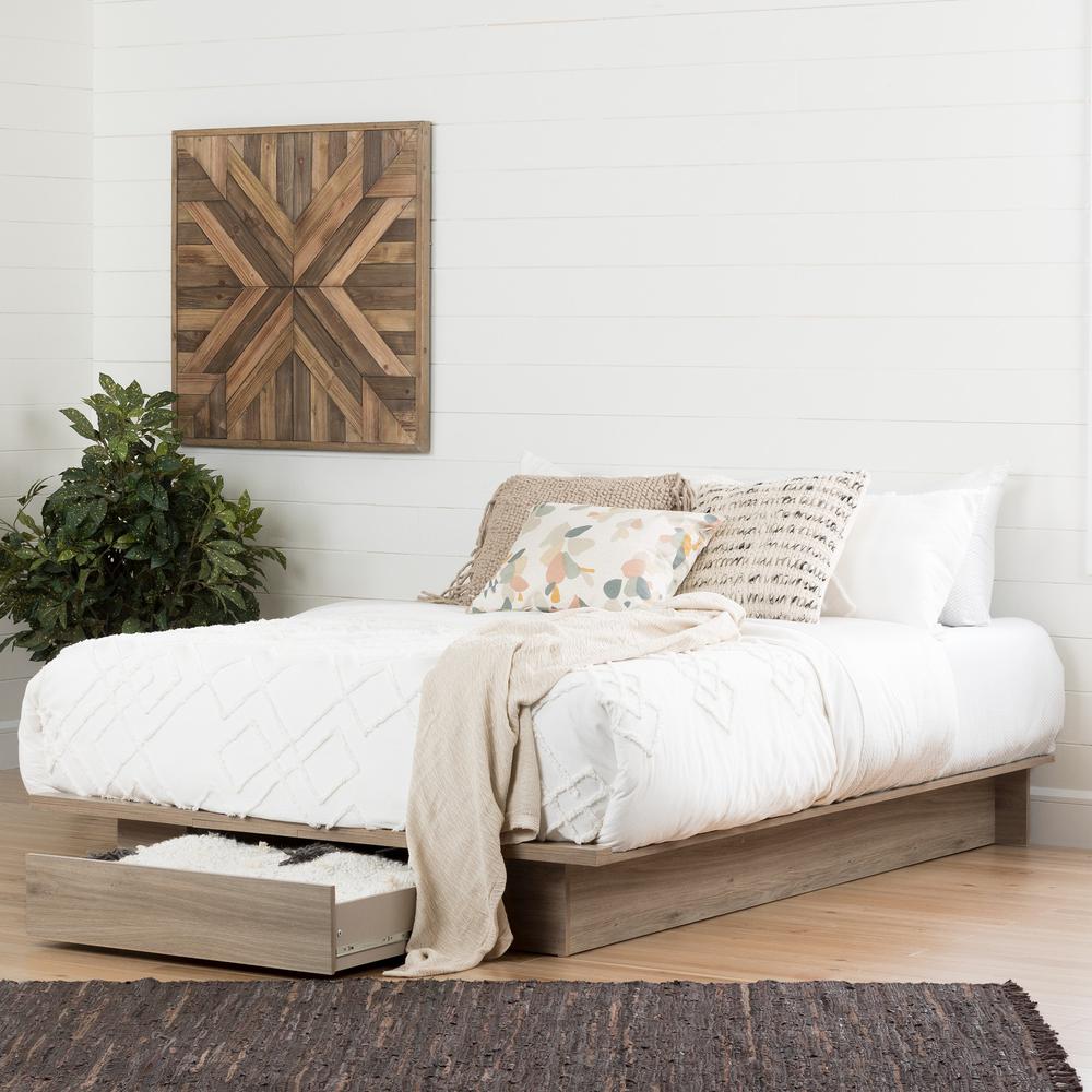 Primo Full/Queen Platform Bed (54/60'') with drawer, Rustic Oak. Picture 1