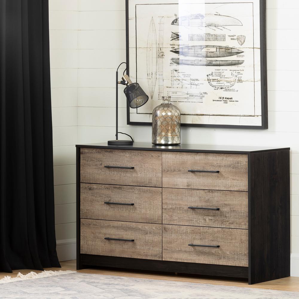 Londen 6-Drawer Double Dresser, Weathered Oak and Rubbed Black. Picture 1