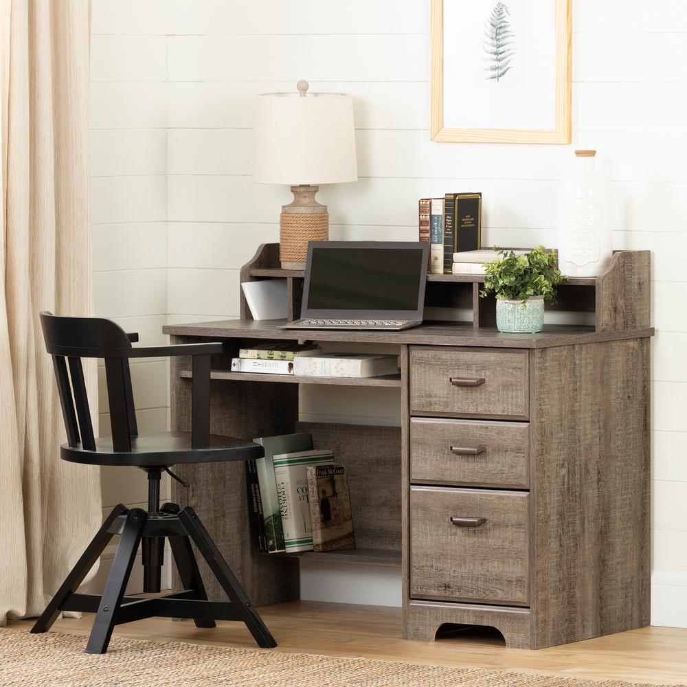 Versa Computer Desk with Hutch, Weathered Oak. Picture 1