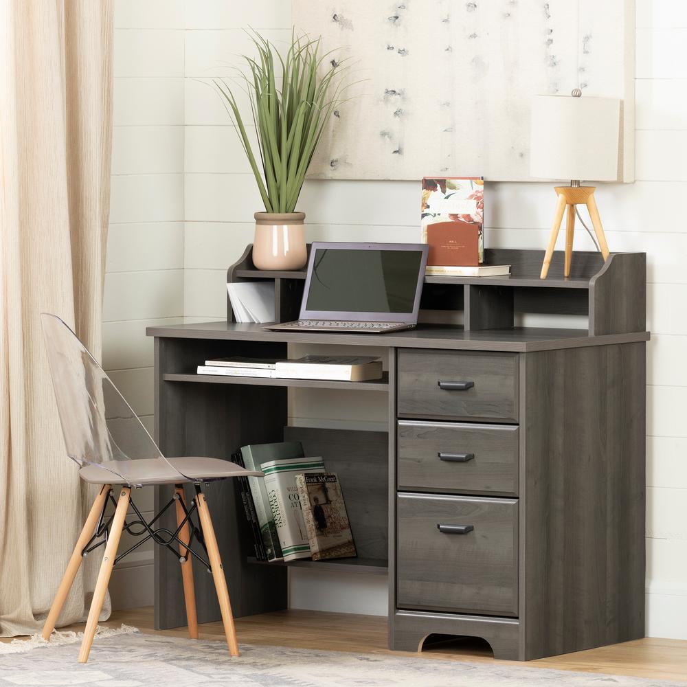 Versa Computer Desk with Hutch, Gray Maple. Picture 1