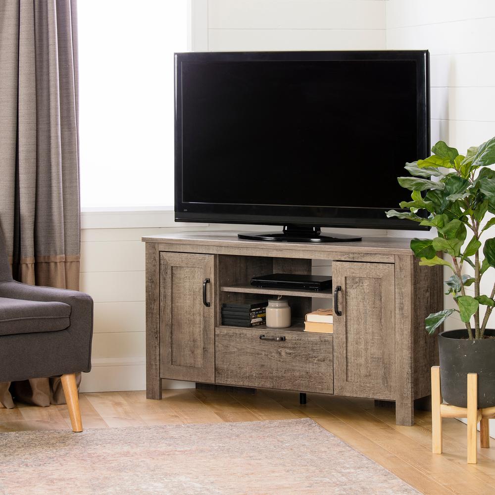Lionel Corner TV Stand, Weathered Oak. Picture 1