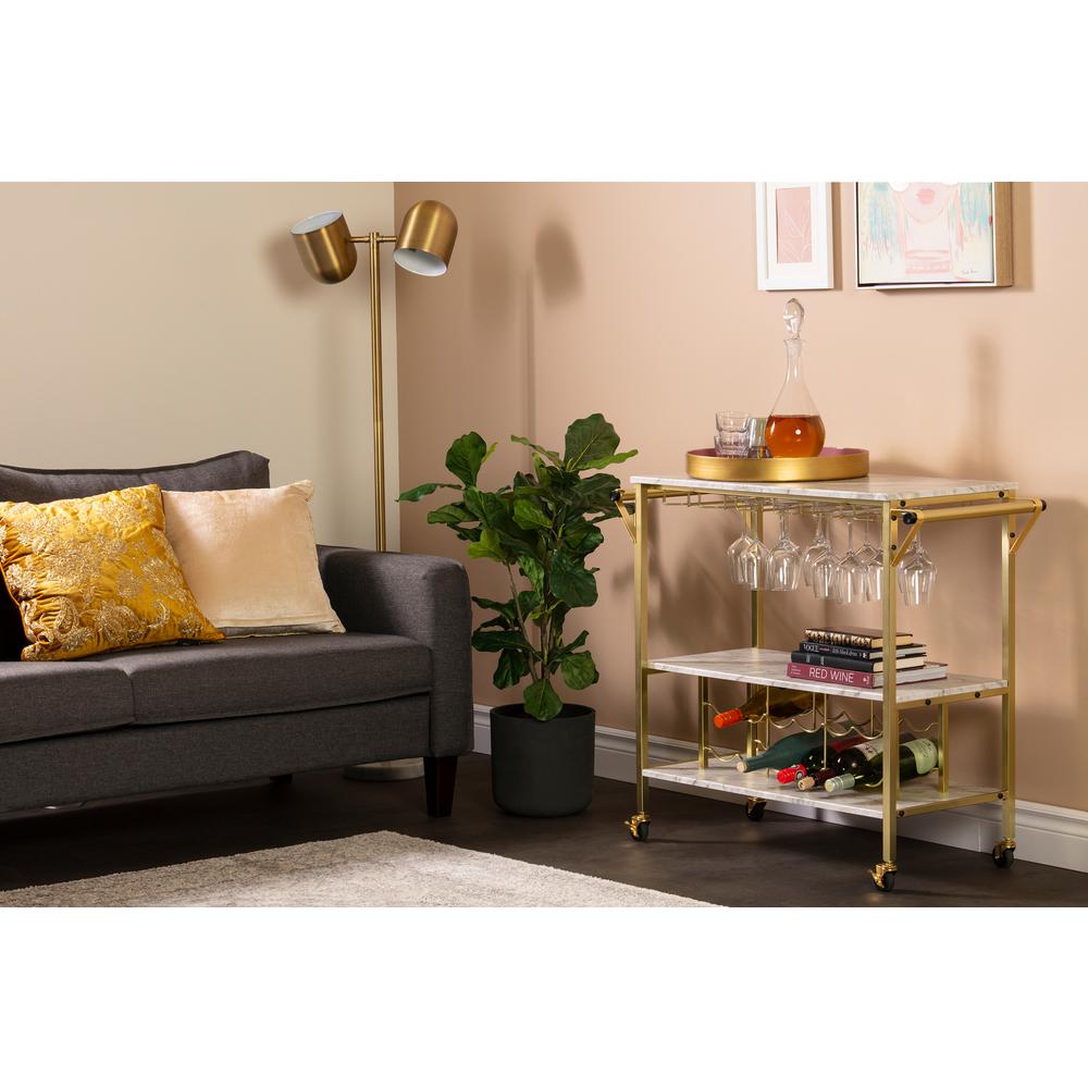 Maliza Bar Cart with Wine Bottle Storage and Wine Glass Rack, Faux Marble and Gold. Picture 3