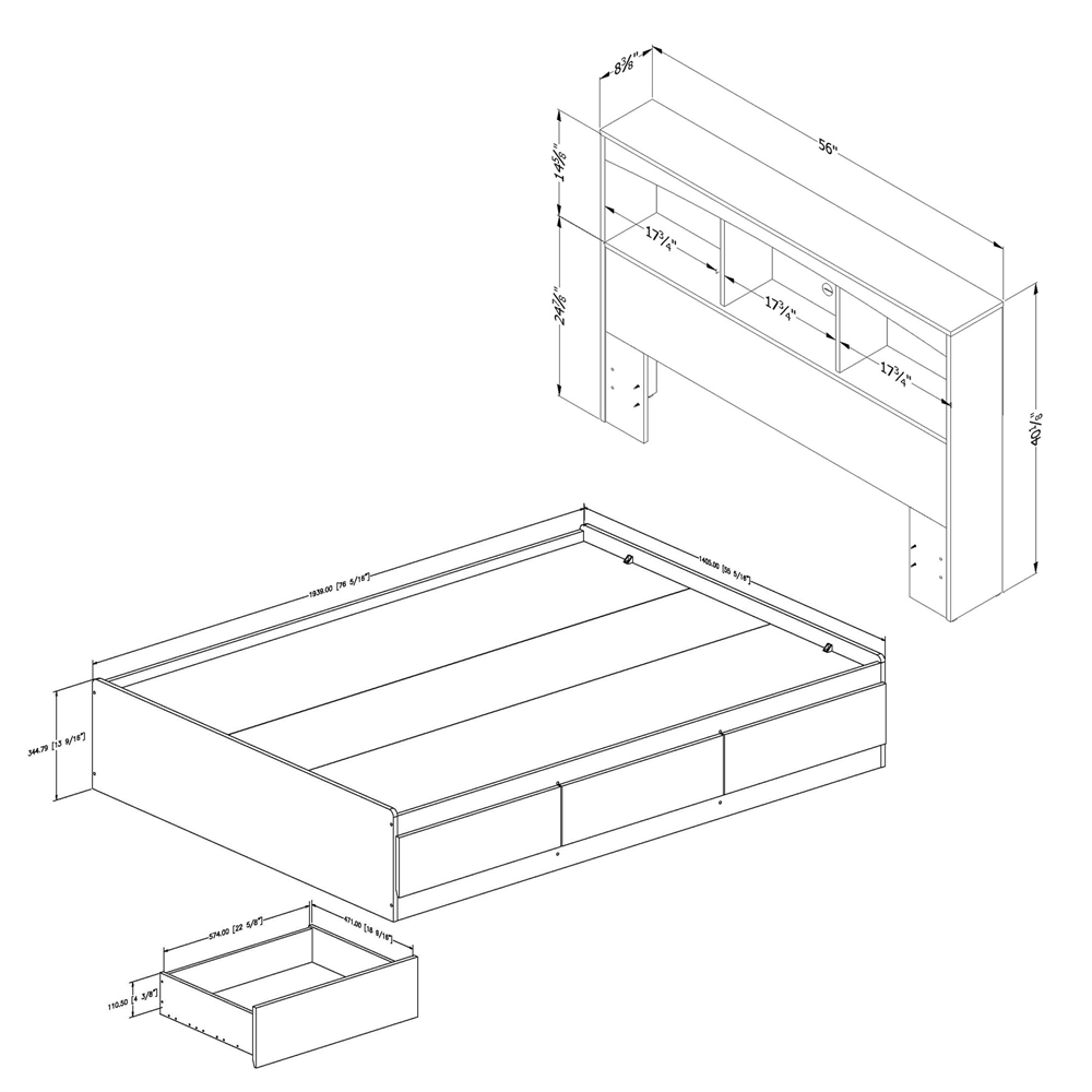 South Shore Step One Full Size Mates Bed with Drawers and Bookcase Headboard (54'') Set, Pure White. Picture 2