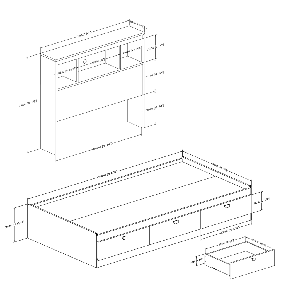 South Shore Spark Twin Mates Bed with Drawers and Bookcase Headboard (39'') Set, Pure Black. Picture 2