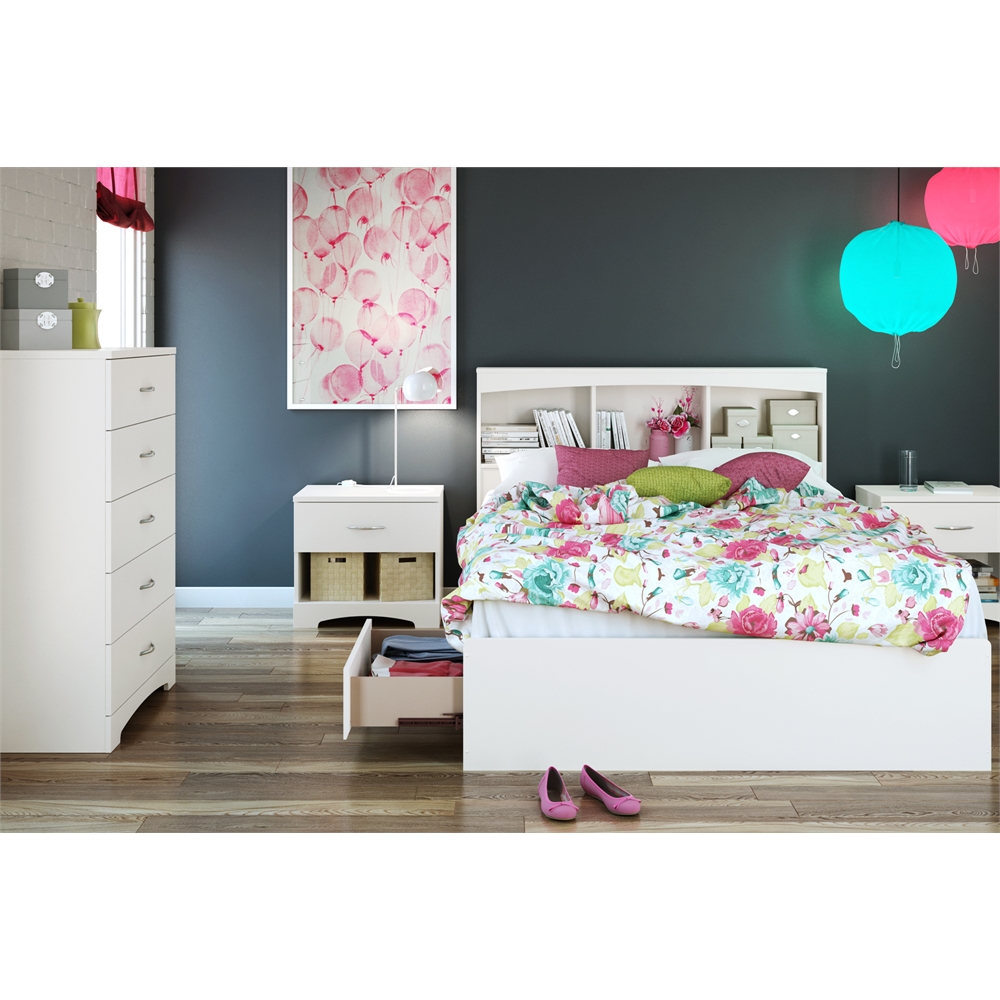 South Shore Step One Full Size Mates Bed with Drawers and Bookcase Headboard (54'') Set, Pure White. Picture 4