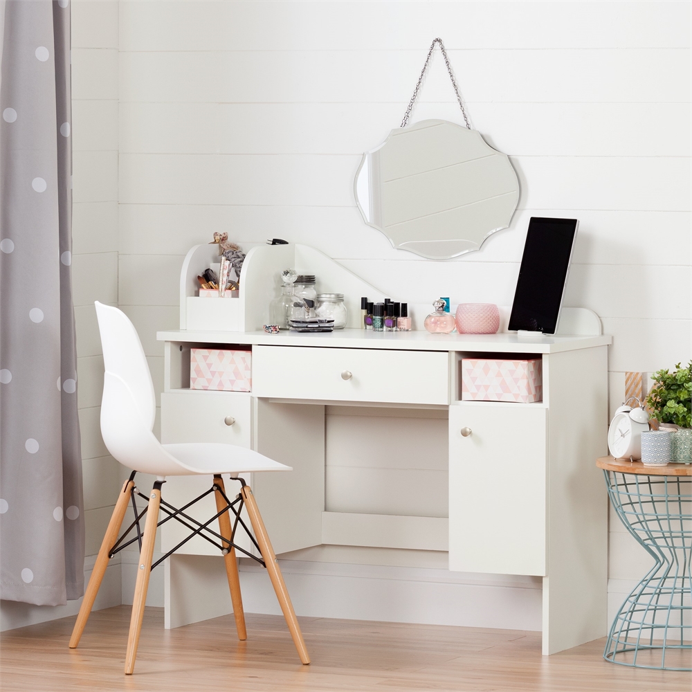 Vito Pure White and Pink Makeup Desk with Drawer. Picture 2