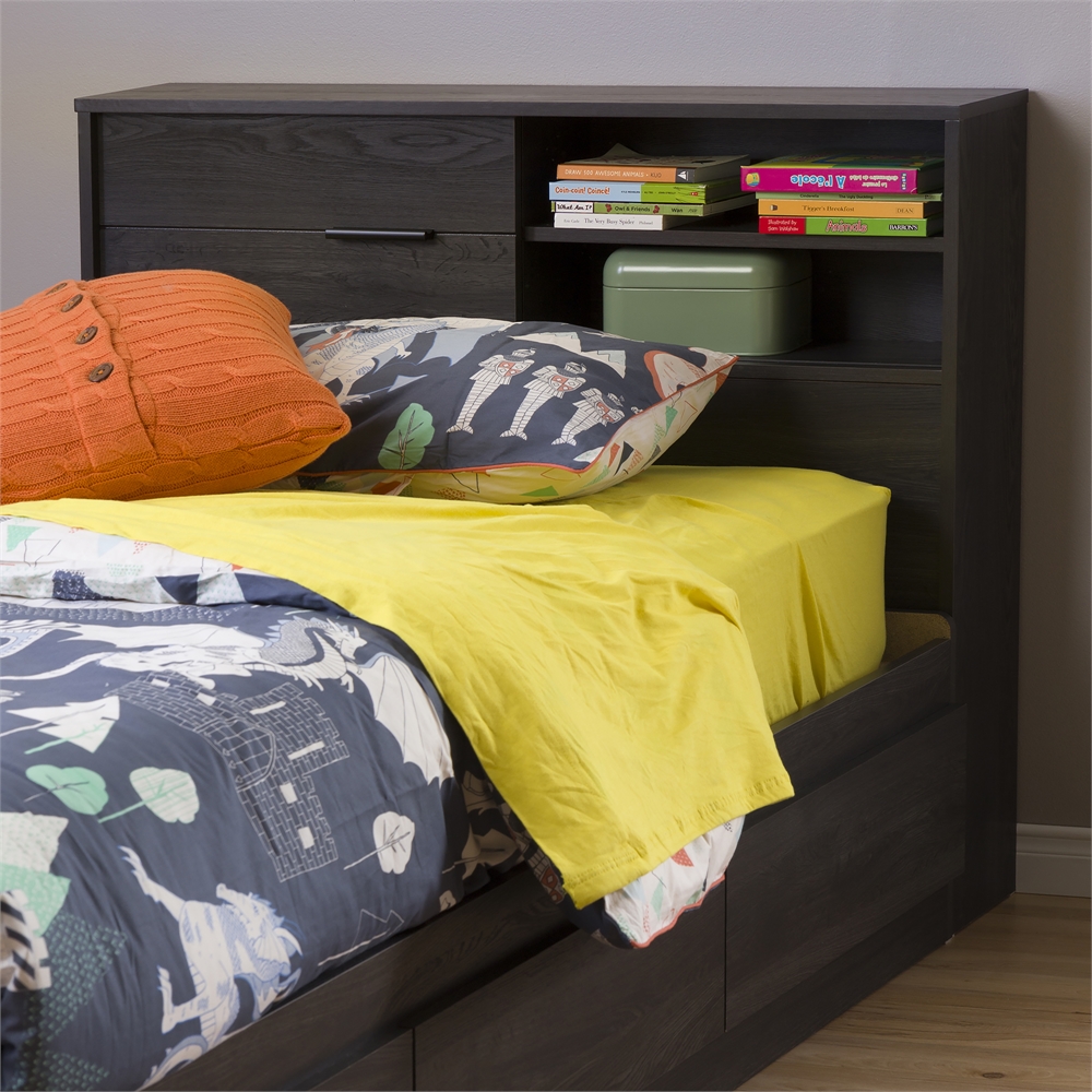 South Shore Fynn Twin Headboard with Storage (39"), Gray Oak. Picture 2