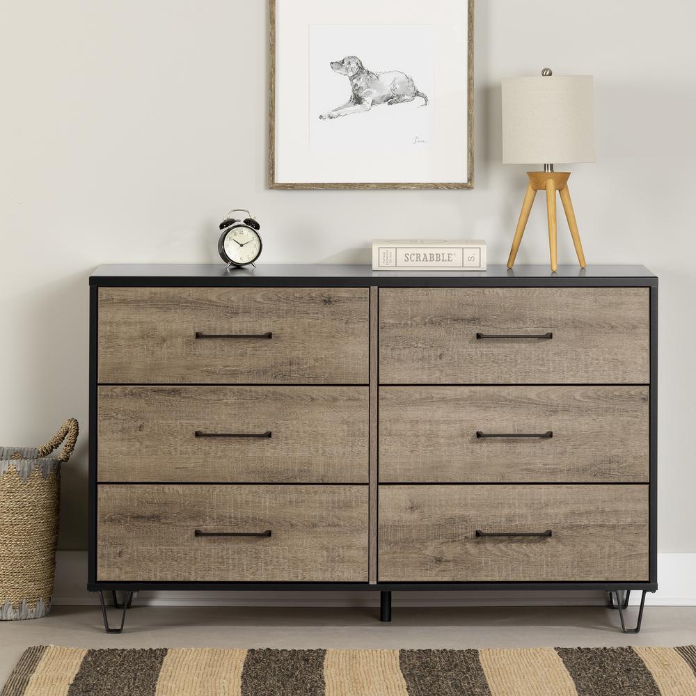 Arlen 6-Drawer Double Dresser, Weathered Oak and Matte Black. Picture 2