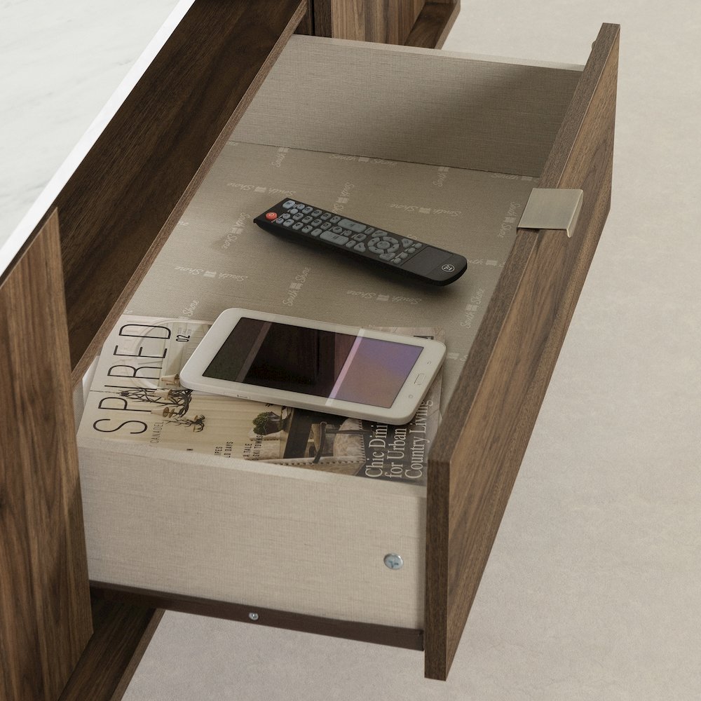 Hype TV Stand, Natural Walnut and Faux Carrara Marble. Picture 4