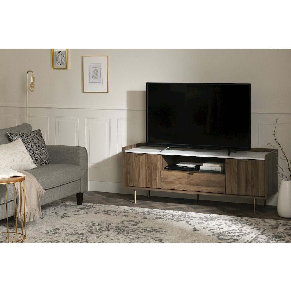 Hype TV Stand, Natural Walnut and Faux Carrara Marble. Picture 2