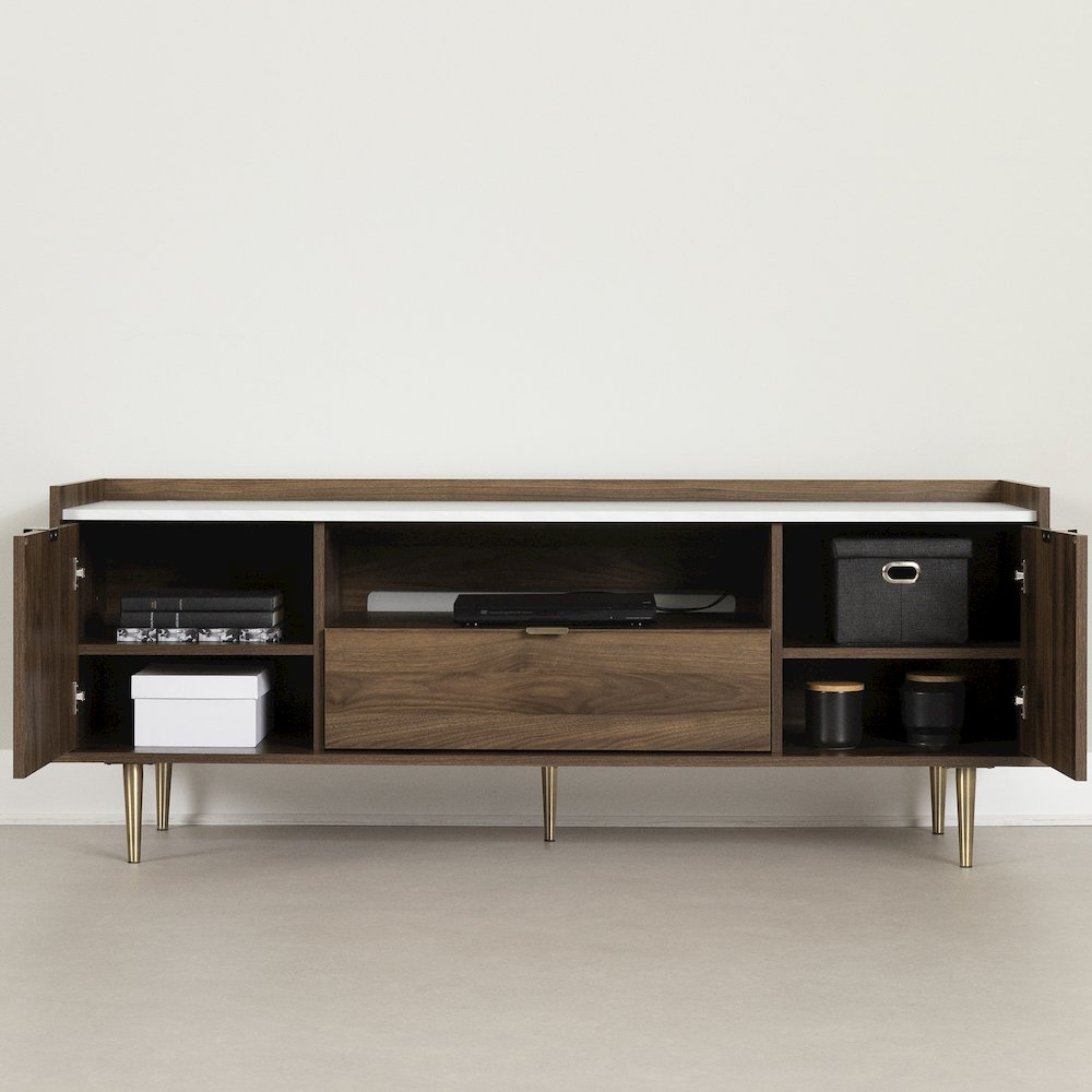 Hype TV Stand, Natural Walnut and Faux Carrara Marble. Picture 3