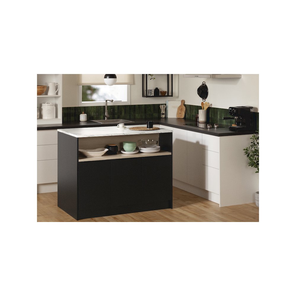 Olio Kitchen Island, Matte Black and Faux White Marble. Picture 2