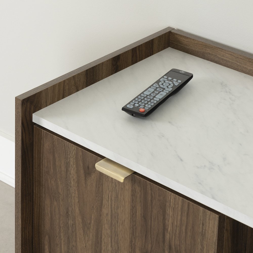 Hype TV Stand, Natural Walnut and Faux Carrara Marble. Picture 5
