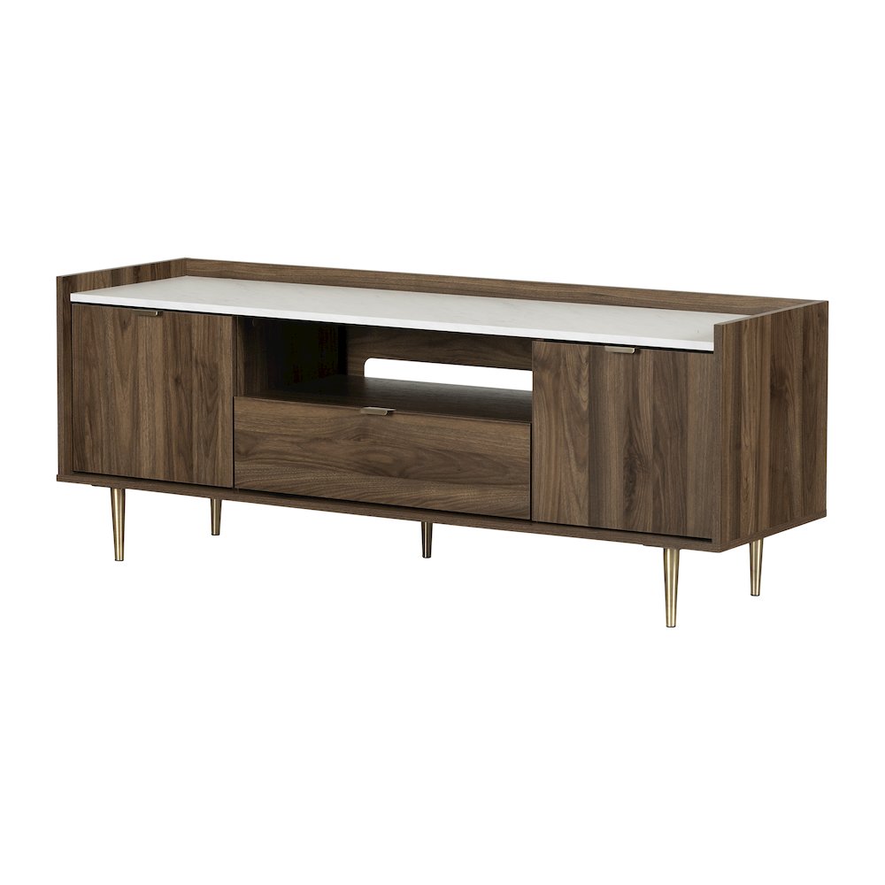 Hype TV Stand, Natural Walnut and Faux Carrara Marble. Picture 1