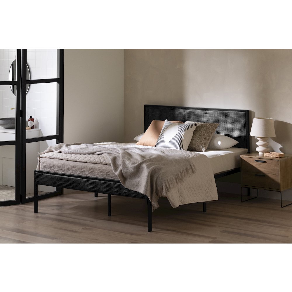Hoya Metal Platform Bed with Natural Cane, Pure Black. Picture 2