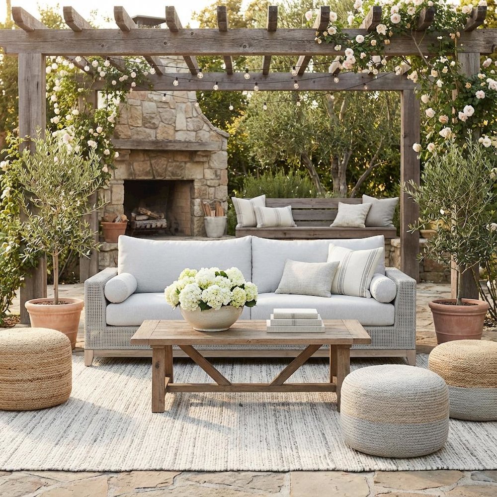 White Outdoor Sofa 90 Inches, Teak Base, Rope Weave, Removable Cushions. Picture 3