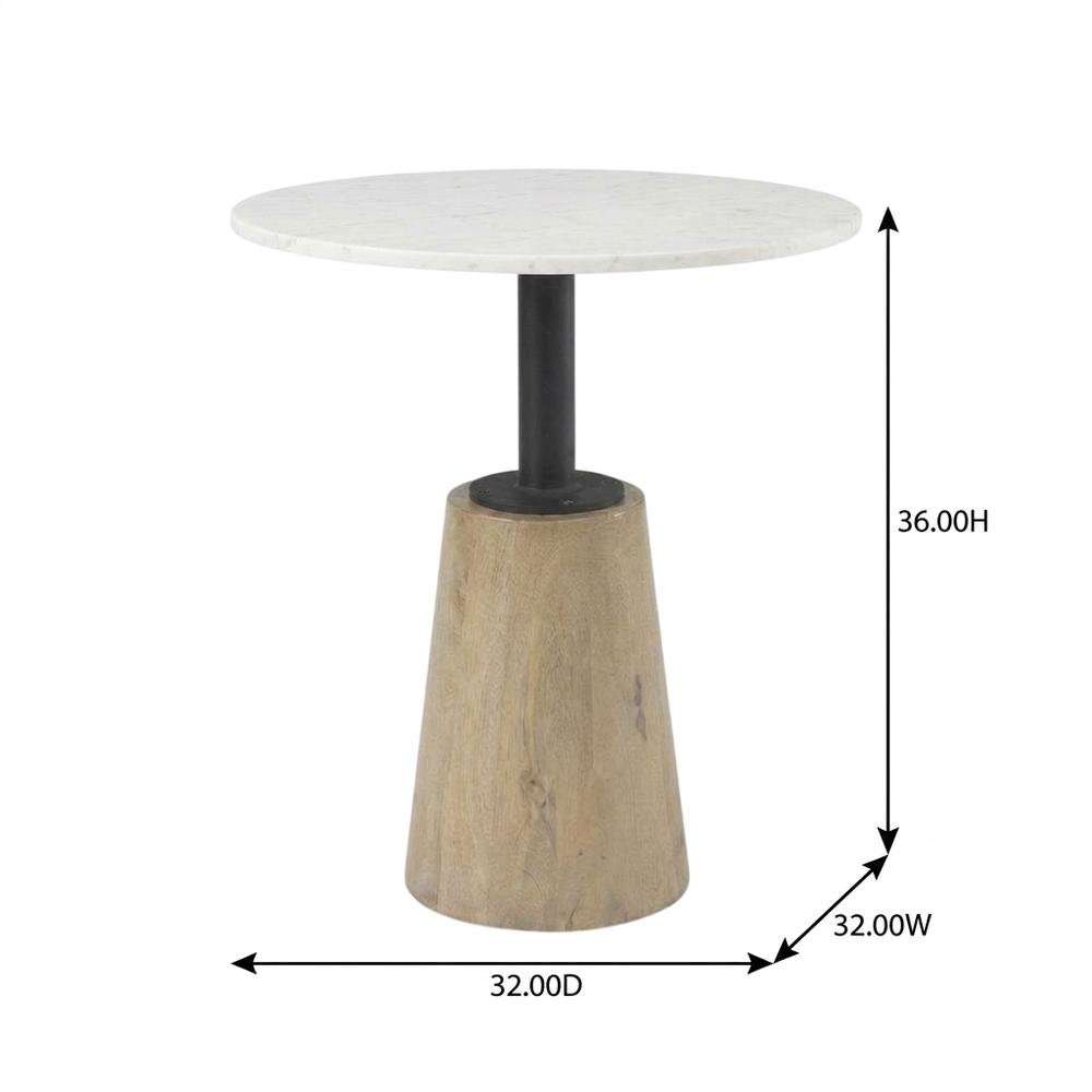 Round marble tabletop with blonde wood and black metal base bistro table. Picture 8