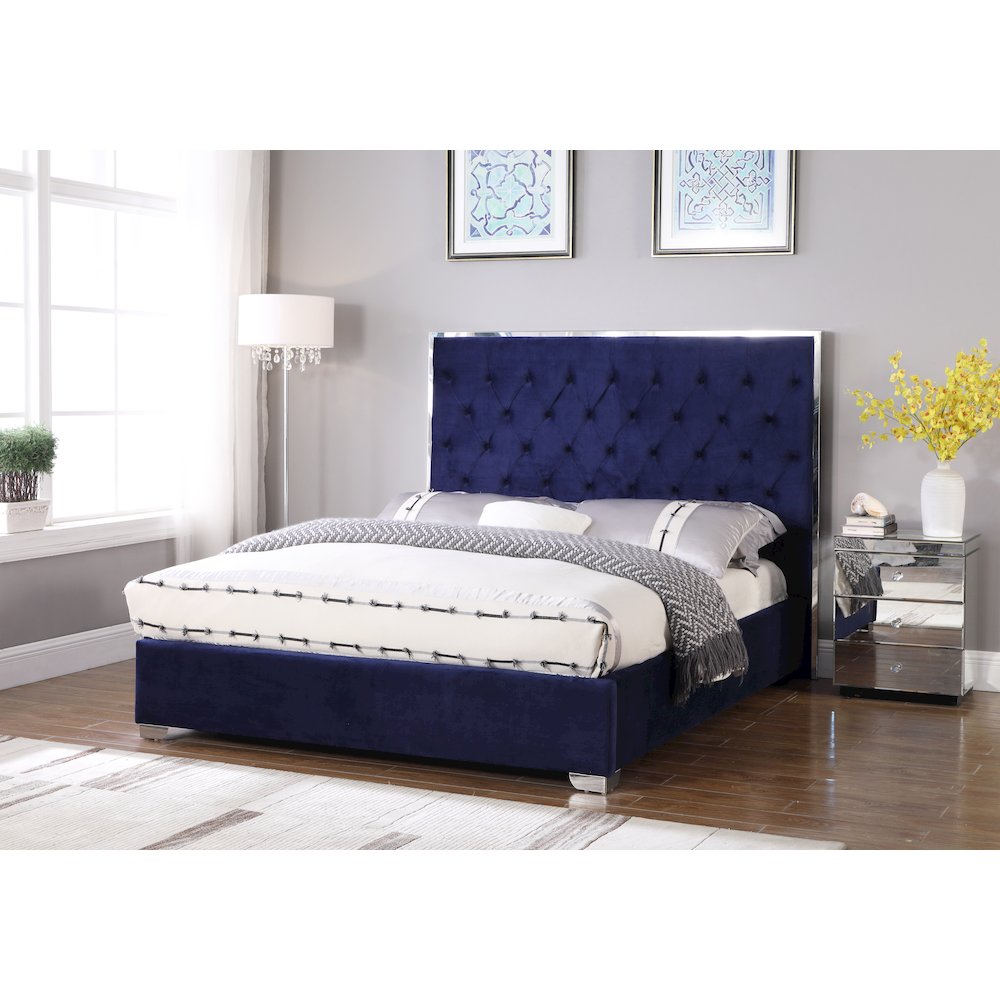 Best Master Kressa Velour Fabric Tufted Queen Platform Bed in Blue. Picture 2