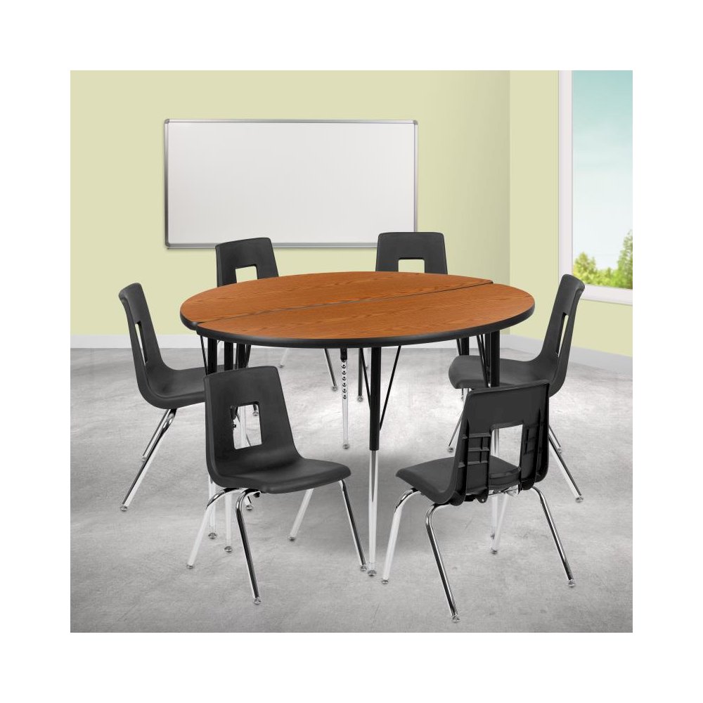 47.5" Circle Wave Flexible Laminate Activity Table Set with 18" Student Stack Chairs, Oak/Black. Picture 2