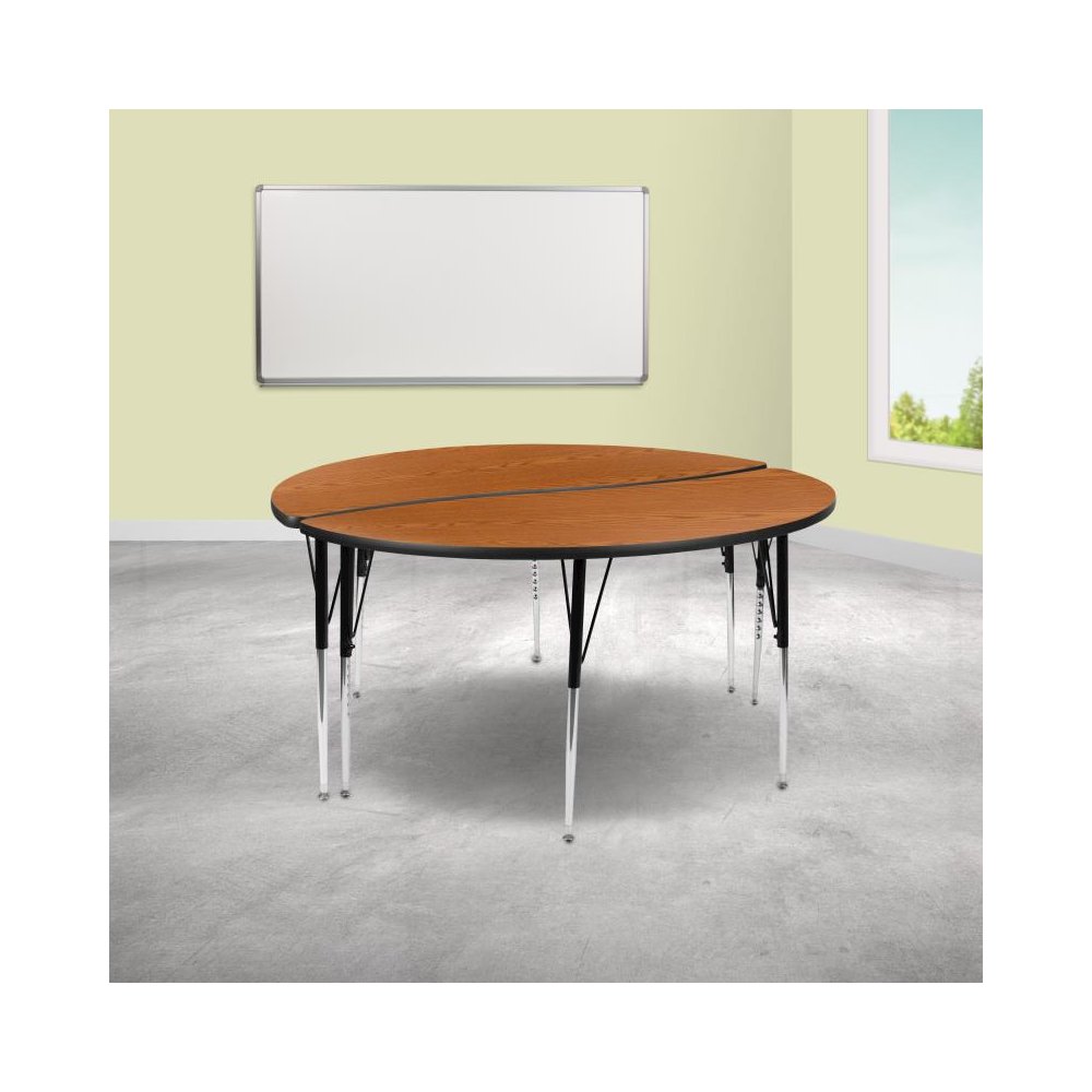2 Piece 60" Circle Wave Flexible Oak Thermal Laminate Activity Table Set - Standard Height Adjustable Legs. Picture 2