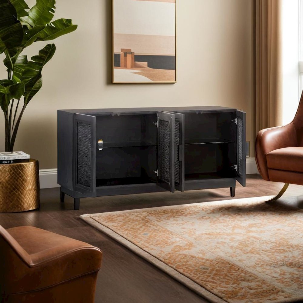 Sleek Black Wood Media Console with Adjustable Shelves for Modern Living. Picture 6