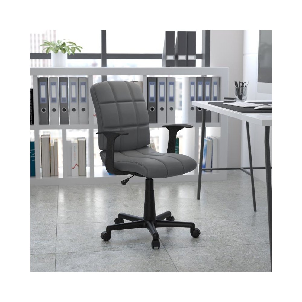 Mid-Back Gray Quilted Vinyl Swivel Task Office Chair with Arms. Picture 2