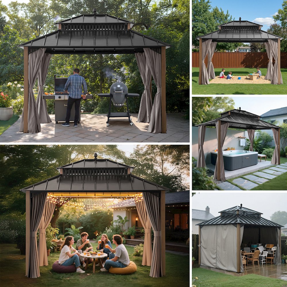 12 ft x 10 ft Hardtop Gazebo with Steel Roof, Woodgrain Aluminum Frame. Picture 4