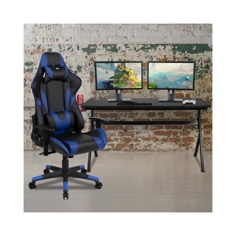 Gaming Desk and Blue/Black Reclining Gaming Chair Set /Cup Holder/Headphone Hook/Removable Mouse Pad Top - Wire Management. Picture 2